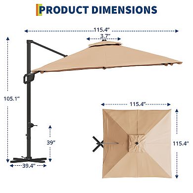 10FT Heavy Duty Cantilever Umbrella with Base: 360° Rotation Square Single Top for Backyard & Pool