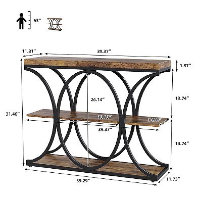 Narrow Console Tables for Entryway, Industrial 3-Tier Sofa Table with Round Metal Base