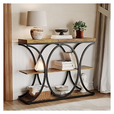 Narrow Console Tables for Entryway, Industrial 3-Tier Sofa Table with Round Metal Base
