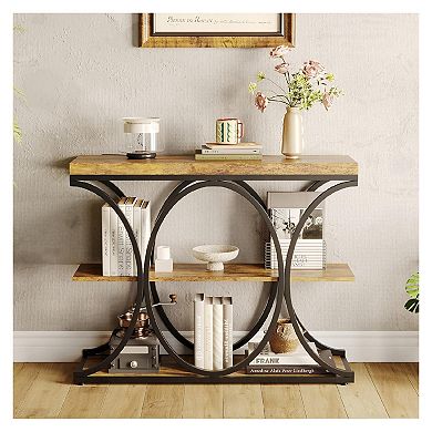 Narrow Console Tables for Entryway, Industrial 3-Tier Sofa Table with Round Metal Base