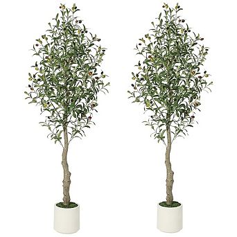 2 pc 5FT Tall Faux Olive Tree with White Tall Planter, Olive Trees Artificial Indoor