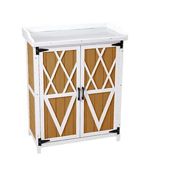 Potting Bench Outdoor Cabinet with Metal Tabletop & Shelves, Wooden Outdoor Storage Cabinets