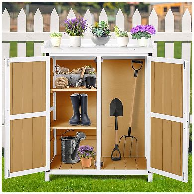 Potting Bench Outdoor Cabinet with Metal Tabletop & Shelves, Wooden Outdoor Storage Cabinets