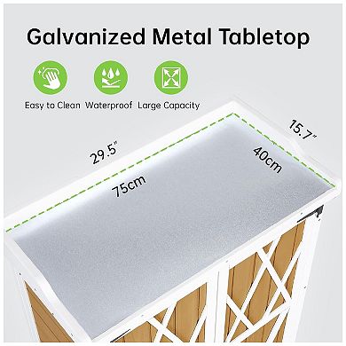 Potting Bench Outdoor Cabinet with Metal Tabletop & Shelves, Wooden Outdoor Storage Cabinets