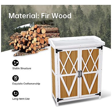 Potting Bench Outdoor Cabinet with Metal Tabletop & Shelves, Wooden Outdoor Storage Cabinets