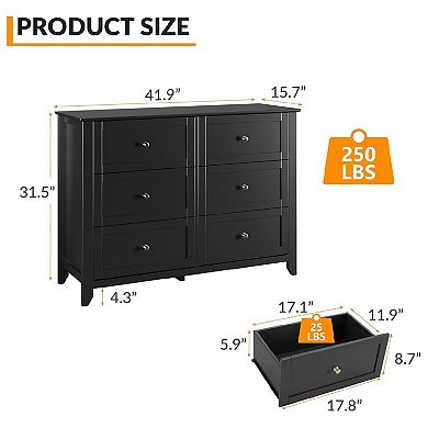 Modern Black Dresser for Bedroom, 6 Drawer Chest Organizer with TV Stand