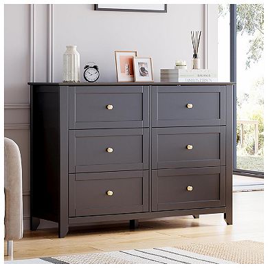 Modern Black Dresser for Bedroom, 6 Drawer Chest Organizer with TV Stand