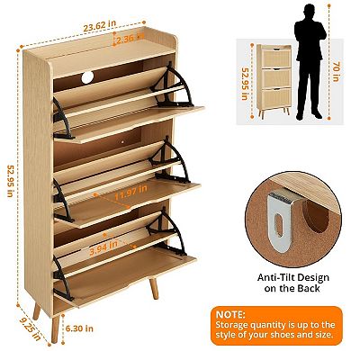 Shoe Cabinet Hidden Shoe Storage with 3 Flip Rattan Flip-Drawer and Anti-Tip Design, Shoe Cabinet
