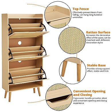 Shoe Cabinet Hidden Shoe Storage with 3 Flip Rattan Flip-Drawer and Anti-Tip Design, Shoe Cabinet