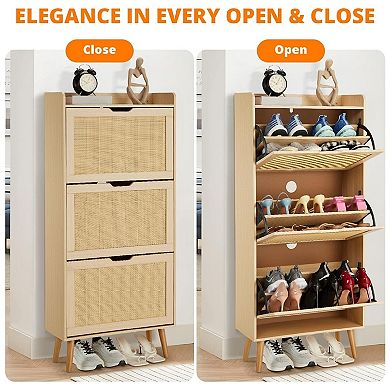 Shoe Cabinet Hidden Shoe Storage with 3 Flip Rattan Flip-Drawer and Anti-Tip Design, Shoe Cabinet