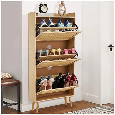 Shoe Cabinet Hidden Shoe Storage with 3 Flip Rattan Flip-Drawer and Anti-Tip Design, Shoe Cabinet