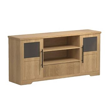 TV Stand for TVs, Retro Media Console with Glass Cabinets & Open Shelves