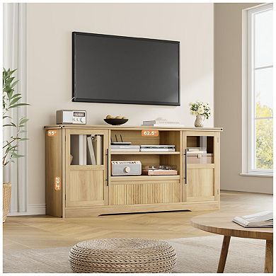 TV Stand for TVs, Retro Media Console with Glass Cabinets & Open Shelves