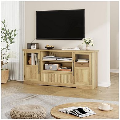 TV Stand for TVs, Retro Media Console with Glass Cabinets & Open Shelves