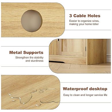 TV Stand for TVs, Retro Media Console with Glass Cabinets & Open Shelves