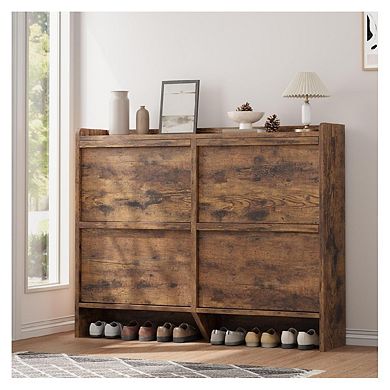 Shoe Cabinet with 4 Flip Drawers, Wooden Shoe Organizer Cabinet with Adjustable Shelf