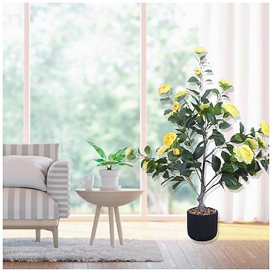 2Pcs 3 ft Artificial Camellia Tree, Faux Camellia Plant in Pot with Realistic Flowers