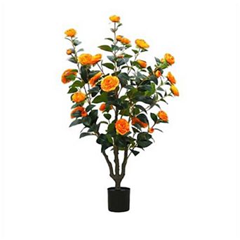 1 pc 3.28 ft Artificial Camellia Tree, Faux Camellia Plant in Pot with Realistic Flowers