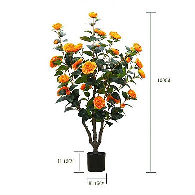 1Pc 3.28 ft Artificial Camellia Tree, Faux Camellia Plant in Pot with Realistic Flowers