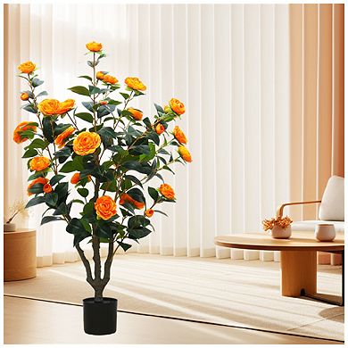 1Pc 3.28 ft Artificial Camellia Tree, Faux Camellia Plant in Pot with Realistic Flowers