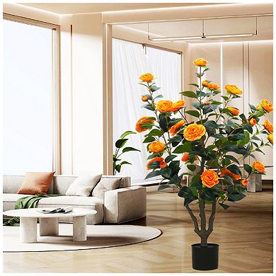 1Pc 3.28 ft Artificial Camellia Tree, Faux Camellia Plant in Pot with Realistic Flowers