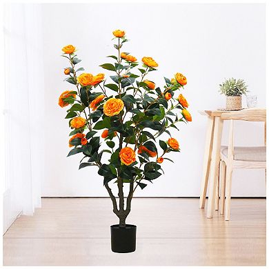 1Pc 3.28 ft Artificial Camellia Tree, Faux Camellia Plant in Pot with Realistic Flowers