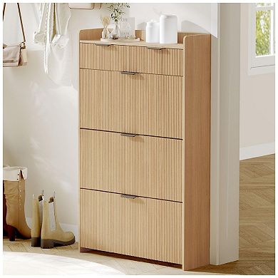 Wave Design Shoe Cabinet with 3 Slip Drawers, 2 Drawers, Raised Edges, Fluted Shoe Cabinet