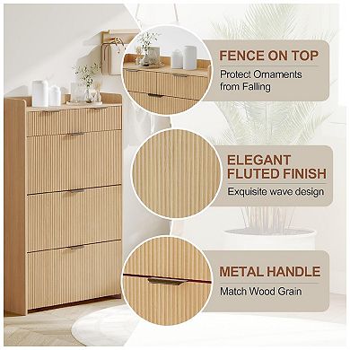 Wave Design Shoe Cabinet with 3 Slip Drawers, 2 Drawers, Raised Edges, Fluted Shoe Cabinet