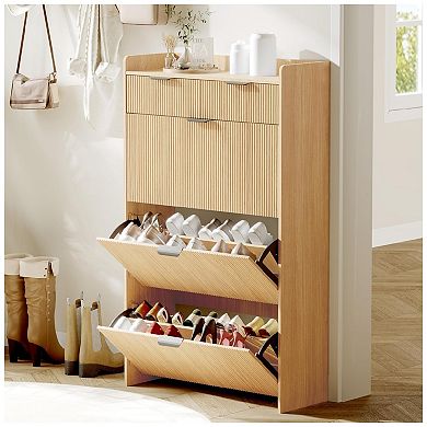 Wave Design Shoe Cabinet with 3 Slip Drawers, 2 Drawers, Raised Edges, Fluted Shoe Cabinet