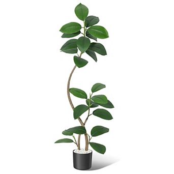 5FT Artificial Plants Rubber Tree with Black Resin Pot& White Stone Faux Fiddle Leaf Fig Tree