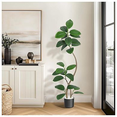 5FT Artificial Plants Rubber Tree with Black Resin Pot& White Stone Faux Fiddle Leaf Fig Tree