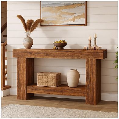 Wooden Farmhouse Console Table for Entryway Large 2-Tier Sofa Table with Storage for Living Room