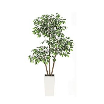 5ft Artificial Ficus Tree,Tall Faux Floor Plant with White Tall Planter -Fake Plants