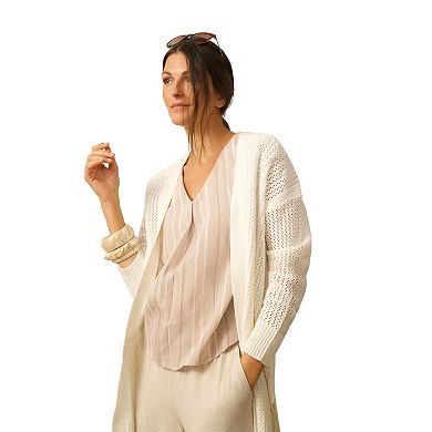 Women's Grey & Gray Pointelle Stitch Long Cardigan