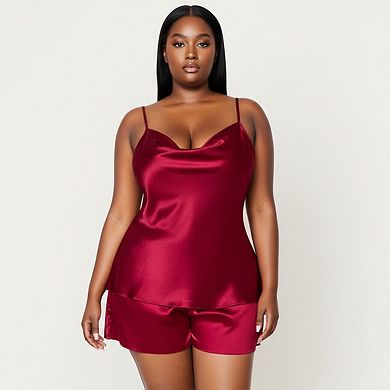 Women' s 2-Piece Satin Cami and Shorts Set with Draped Neckline and Lightweight Relaxed Fit