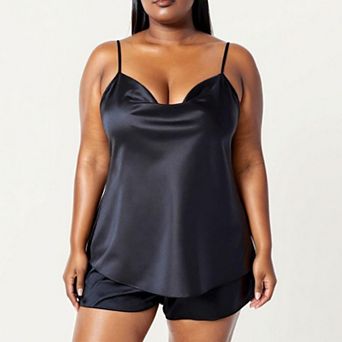 Women' s 2 pc Satin Cami and Shorts Set with Draped Neckline and Lightweight Relaxed Fit