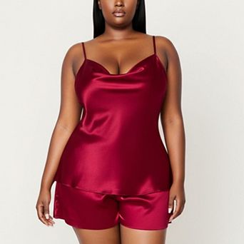 Women' s 2 pc Satin Cami and Shorts Set with Draped Neckline and Lightweight Relaxed Fit