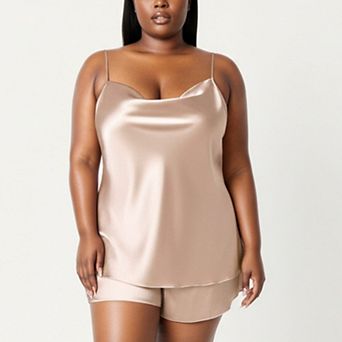 Women' s 2 pc Satin Cami and Shorts Set with Draped Neckline and Lightweight Relaxed Fit