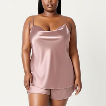 Women' s 2 pc Satin Cami and Shorts Set with Draped Neckline and Lightweight Relaxed Fit
