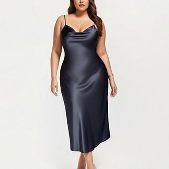 Women' s Satin Slip Midi Dress with Draped Neckline Adjustable Straps and Soft Flowing Silhouette