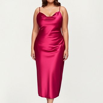Women' s Satin Slip Midi Dress with Draped Neckline Adjustable Straps and Soft Flowing Silhouette