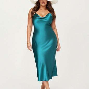 Women' s Satin Slip Midi Dress with Draped Neckline Adjustable Straps and Soft Flowing Silhouette
