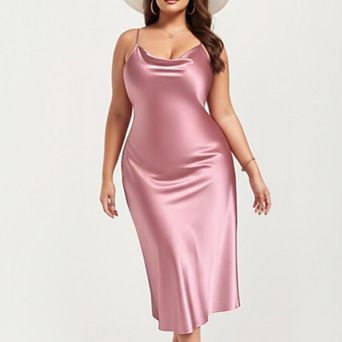 Women' s Satin Slip Midi Dress with Draped Neckline Adjustable Straps and Soft Flowing Silhouette