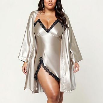 Women' s 2 pc Satin Slip Dress and Robe Set with Elegant Flowing Layered Silhouette
