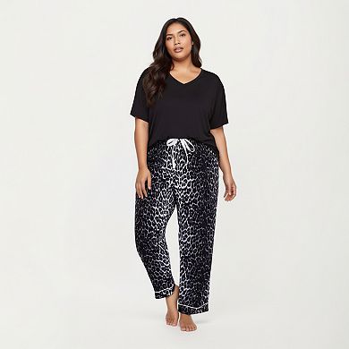 Women' s 2-Piece Set V-Neck Short Sleeve Top and Leopard Print Pajama Pants with Soft Stretch Fabric