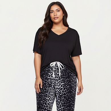 Women' s 2-Piece Set V-Neck Short Sleeve Top and Leopard Print Pajama Pants with Soft Stretch Fabric