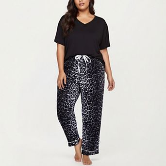 Women' s 2 pc Set V-Neck Short Sleeve Top and Leopard Print Pajama Pants with Soft Stretch Fabric