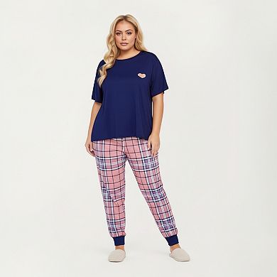 Women' s 2-Piece Set Short Sleeve Knit Top and Plaid Jogger Pajama Pants with Soft Stretch Fabric