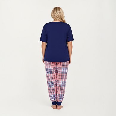 Women' s 2-Piece Set Short Sleeve Knit Top and Plaid Jogger Pajama Pants with Soft Stretch Fabric