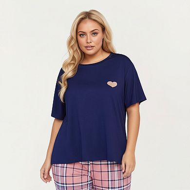 Women' s 2-Piece Set Short Sleeve Knit Top and Plaid Jogger Pajama Pants with Soft Stretch Fabric